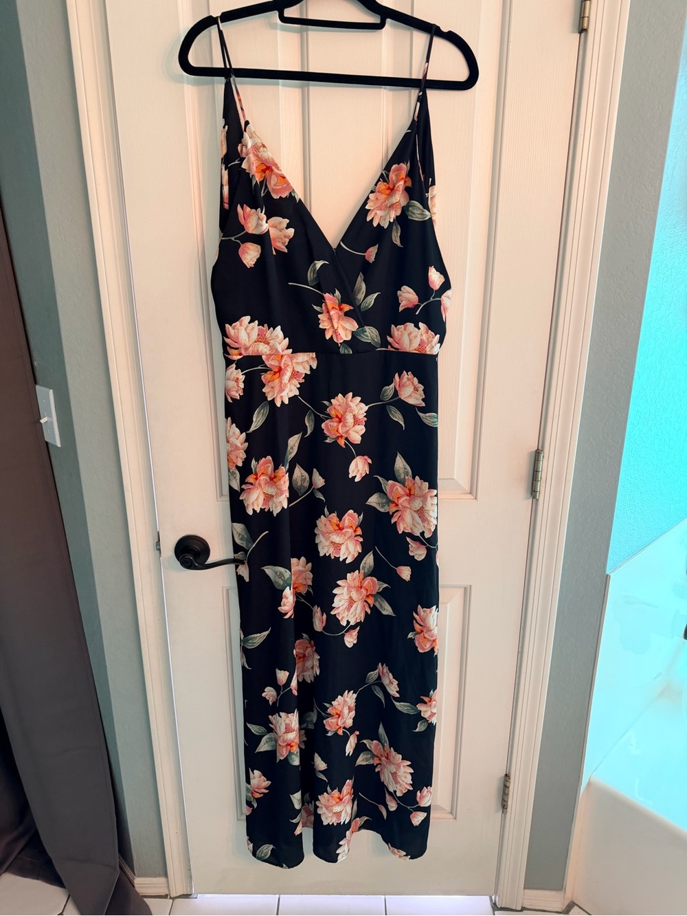 Lush Black Maxi Dress Low Back with Peach Floral Print